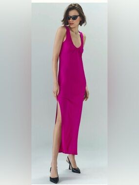 Anthropologie Ruched Scoop-Neck Midi Dress Fuschia Pink Sleeveless Dress Slit